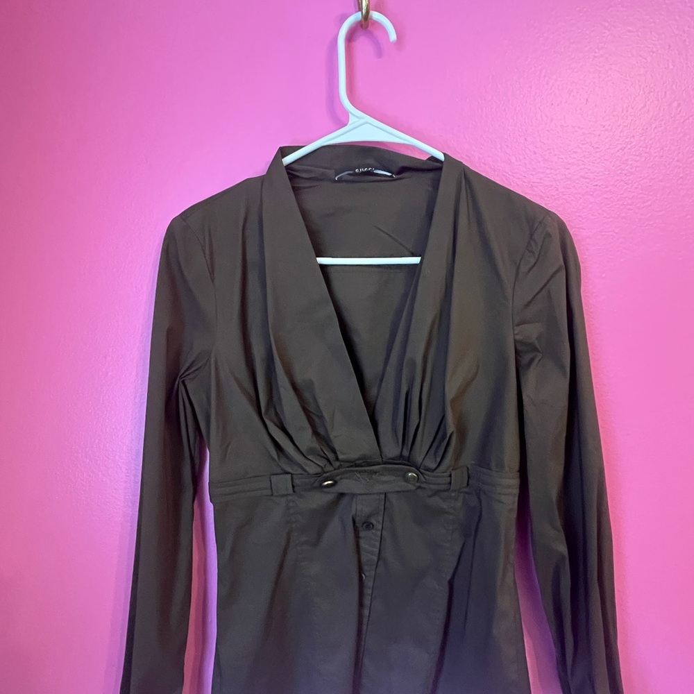 Dark Brown Long Sleeve Wrap-Style Blouse